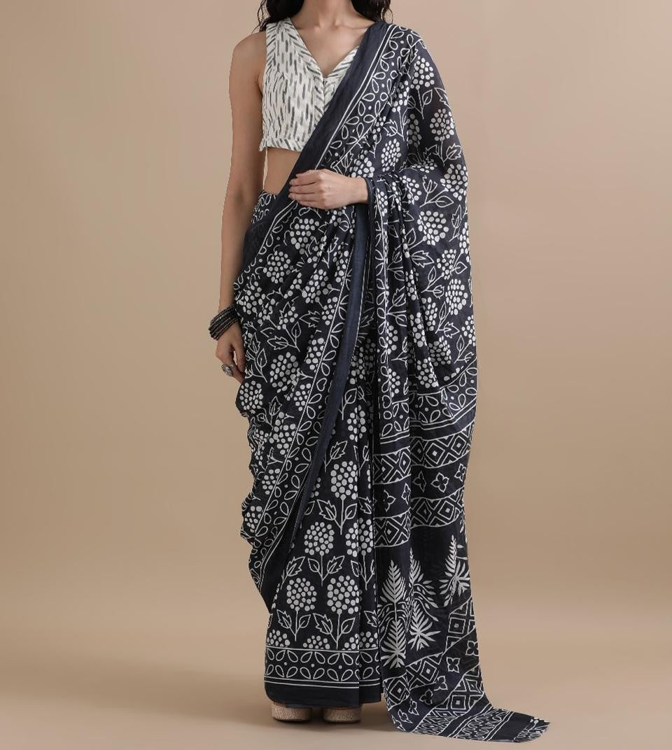 Bagru Block Print Cotton mulmul Sarees With Running Blouse