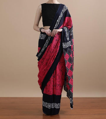 Bagru Block Print Cotton mulmul Sarees With Running Blouse