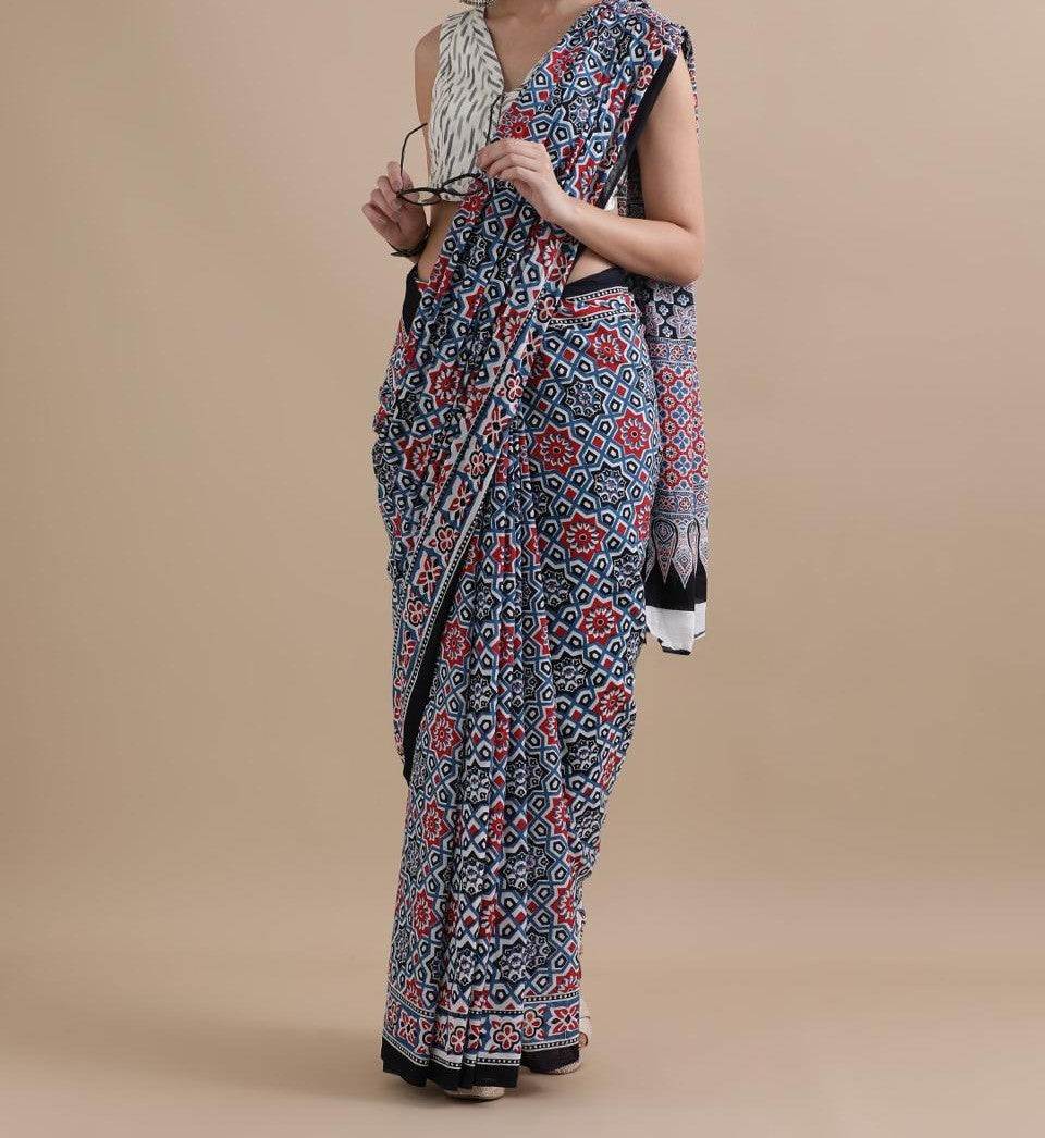 Bagru Block Print Cotton mulmul Sarees With Running Blouse