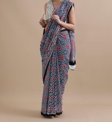 Bagru Block Print Cotton mulmul Sarees With Running Blouse