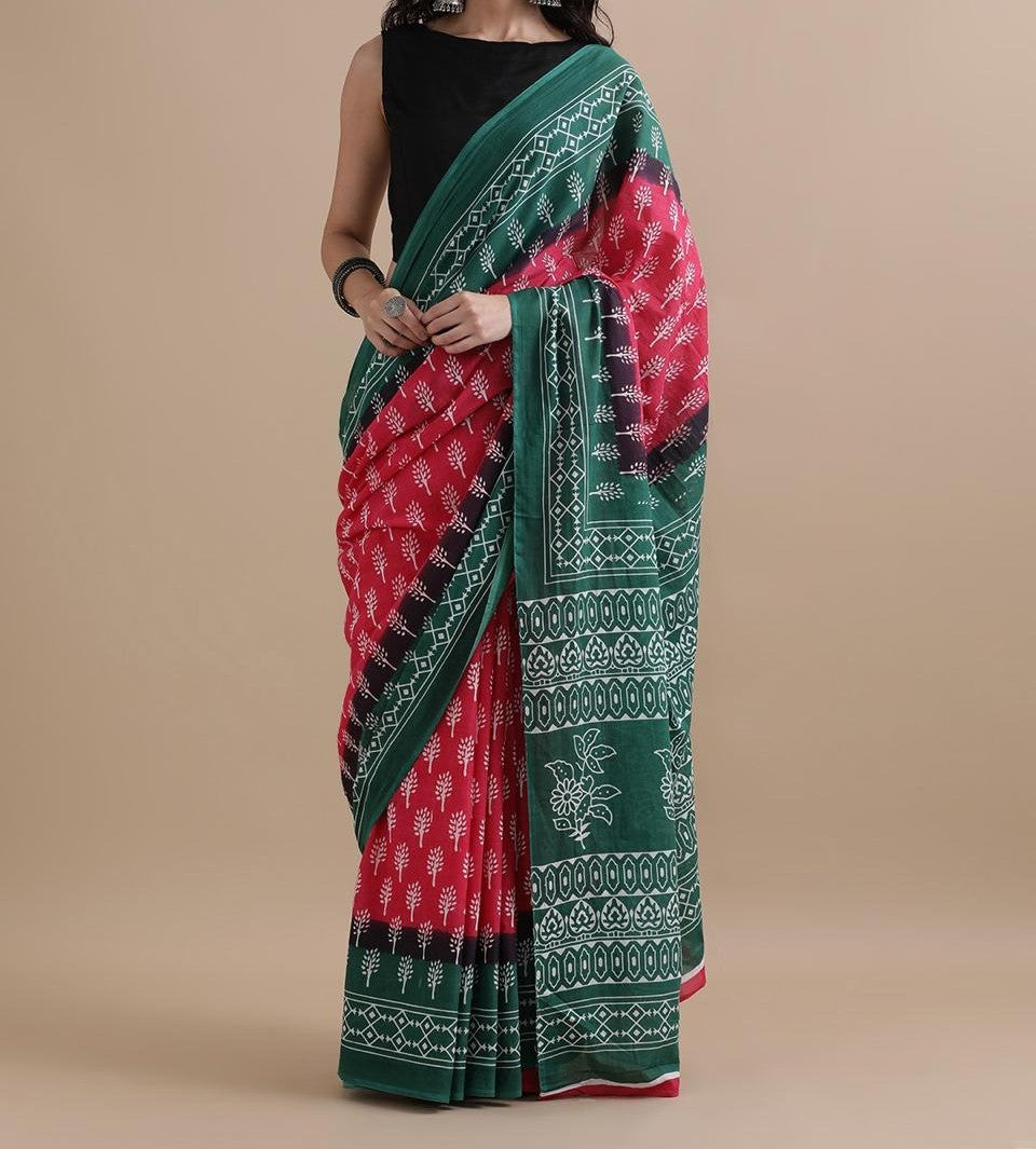 Bagru Block Print Cotton mulmul Sarees With Running Blouse