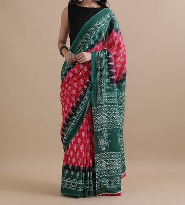 Bagru Block Print Cotton mulmul Sarees With Running Blouse