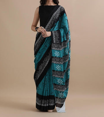 Bagru Block Print Cotton mulmul Sarees With Running Blouse