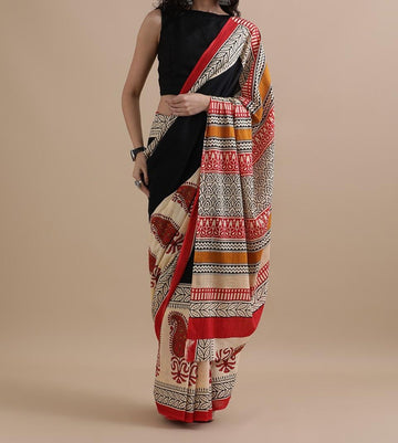 Bagru Block Print Cotton mulmul Sarees With Running Blouse