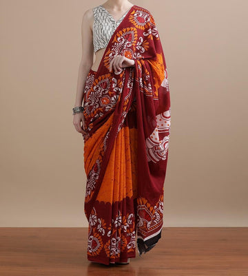 Bagru Block Print Cotton mulmul Sarees With Running Blouse