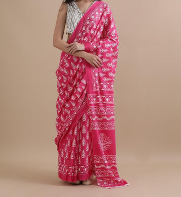 Bagru Block Print Cotton mulmul Sarees With Running Blouse