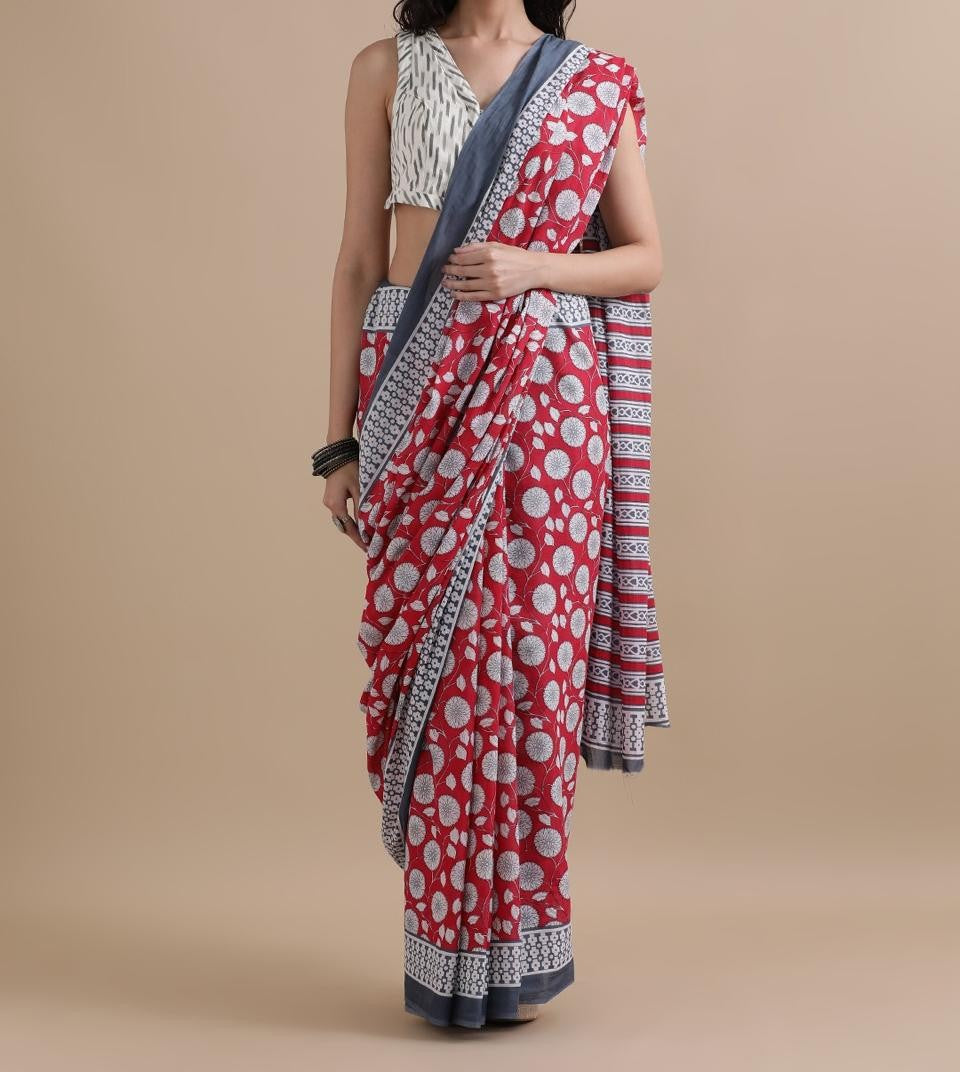 Bagru Block Print Cotton mulmul Sarees With Running Blouse