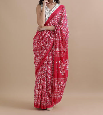 Bagru Block Print Cotton mulmul Sarees With Running Blouse