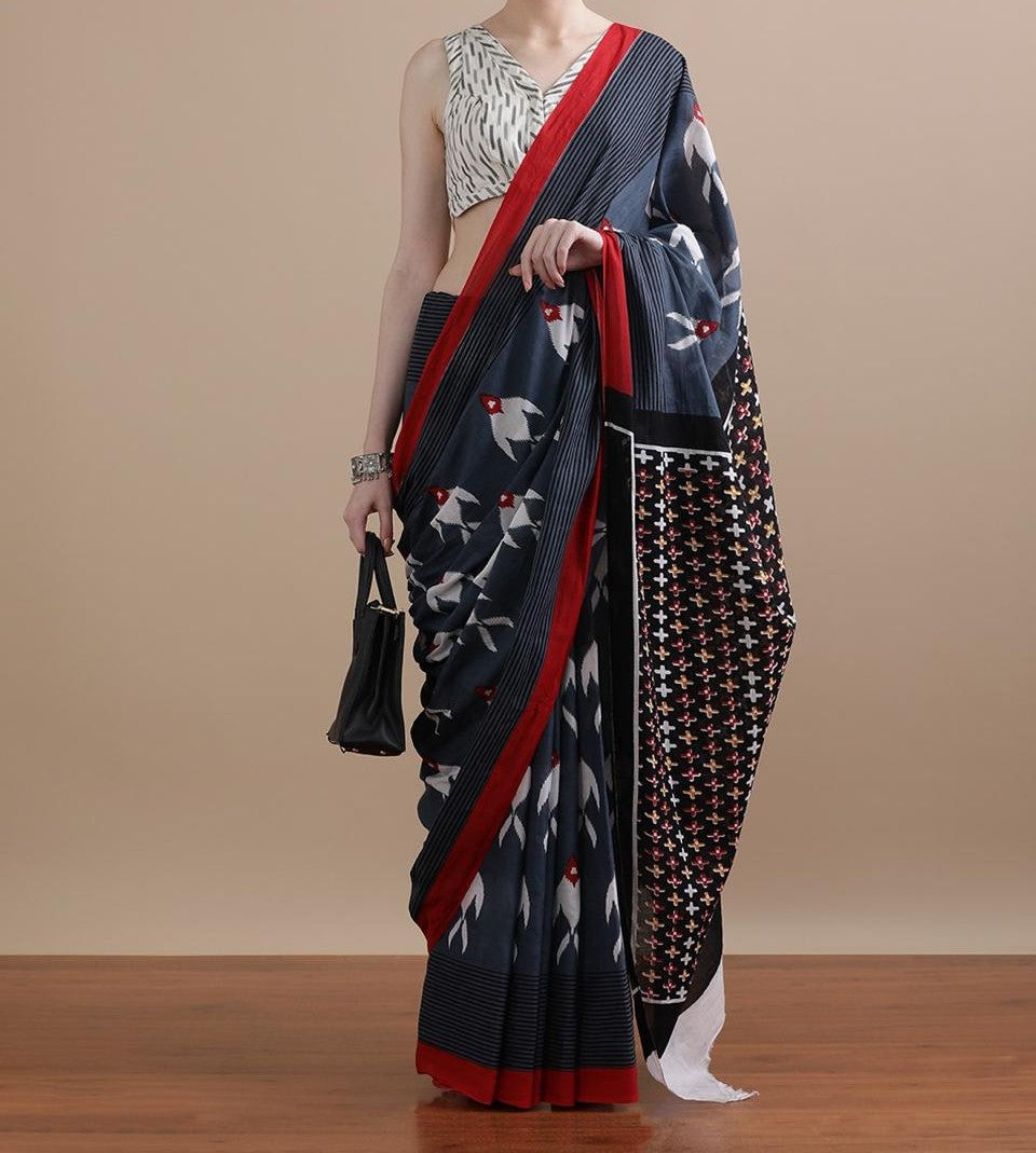 Bagru Block Print Cotton mulmul Sarees With Running Blouse