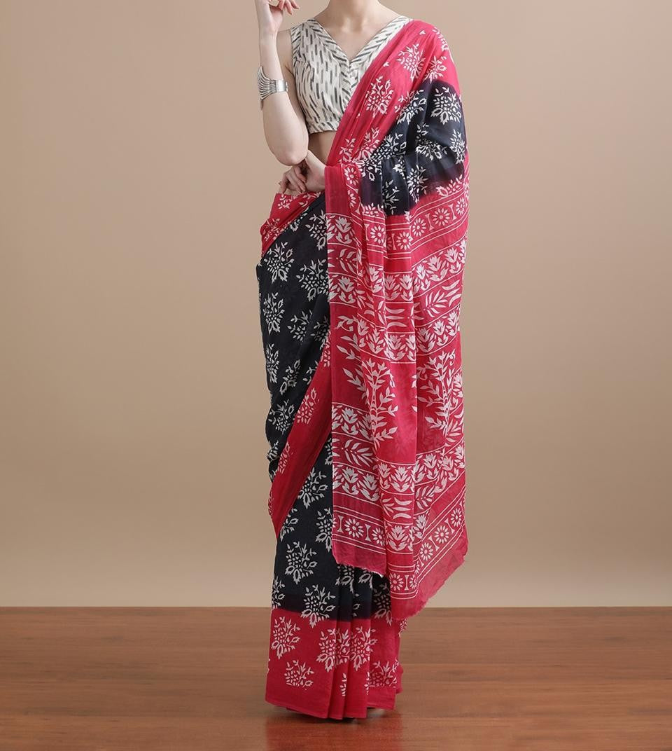 Bagru Block Print Cotton mulmul Sarees With Running Blouse
