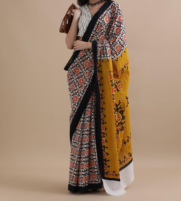 Bagru Block Print Cotton mulmul Sarees With Running Blouse