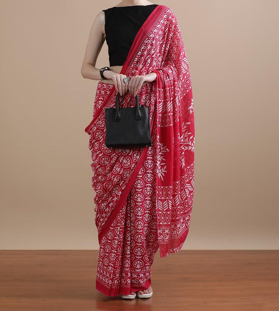 Bagru Block Print Cotton mulmul Sarees With Running Blouse