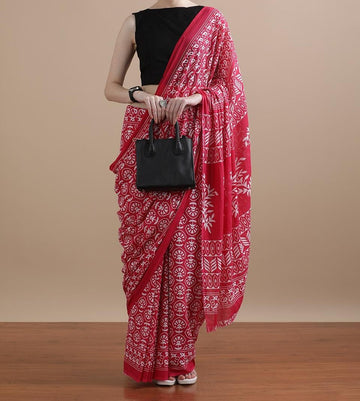 Bagru Block Print Cotton mulmul Sarees With Running Blouse