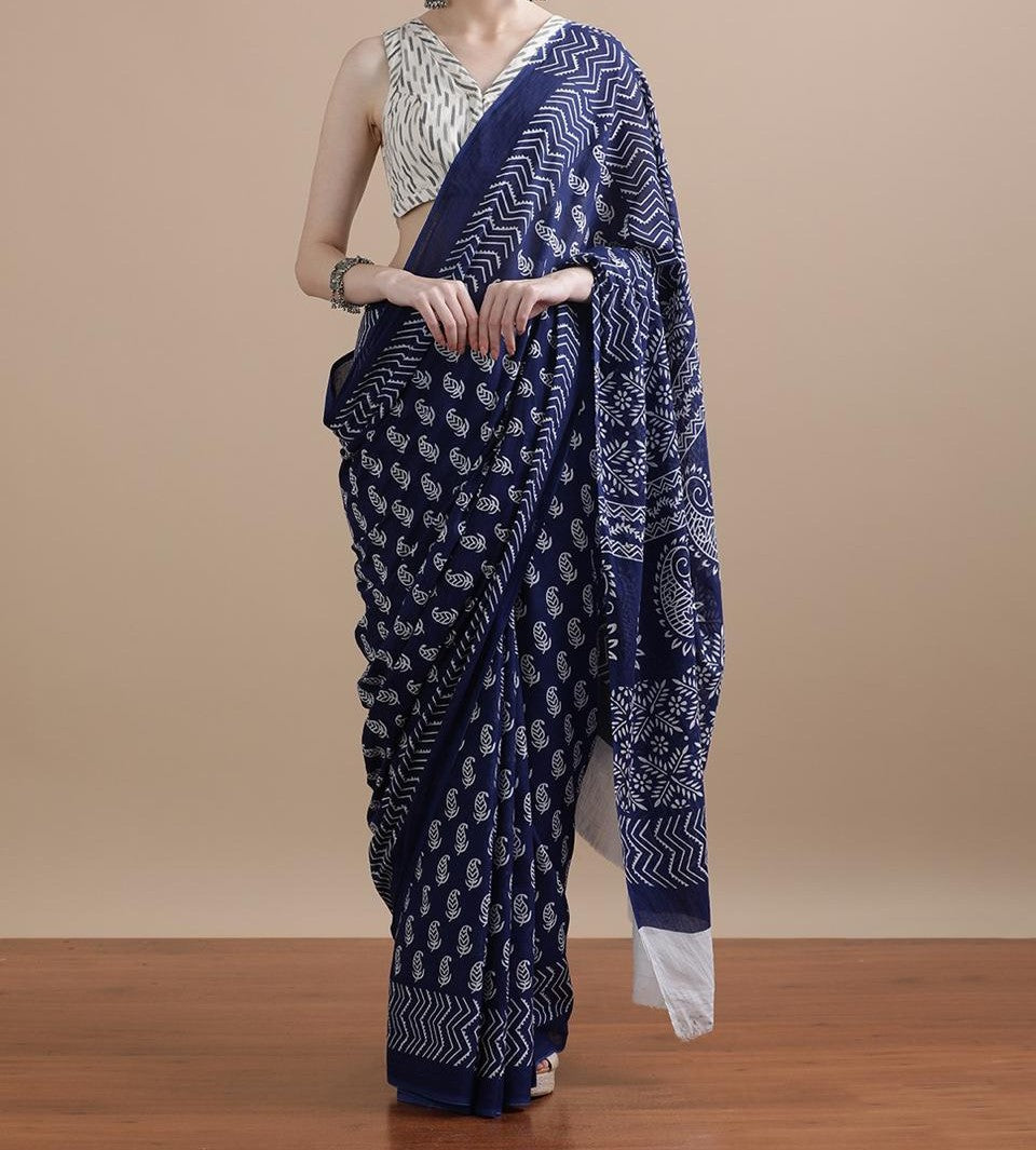 Bagru Block Print Cotton mulmul Sarees With Running Blouse