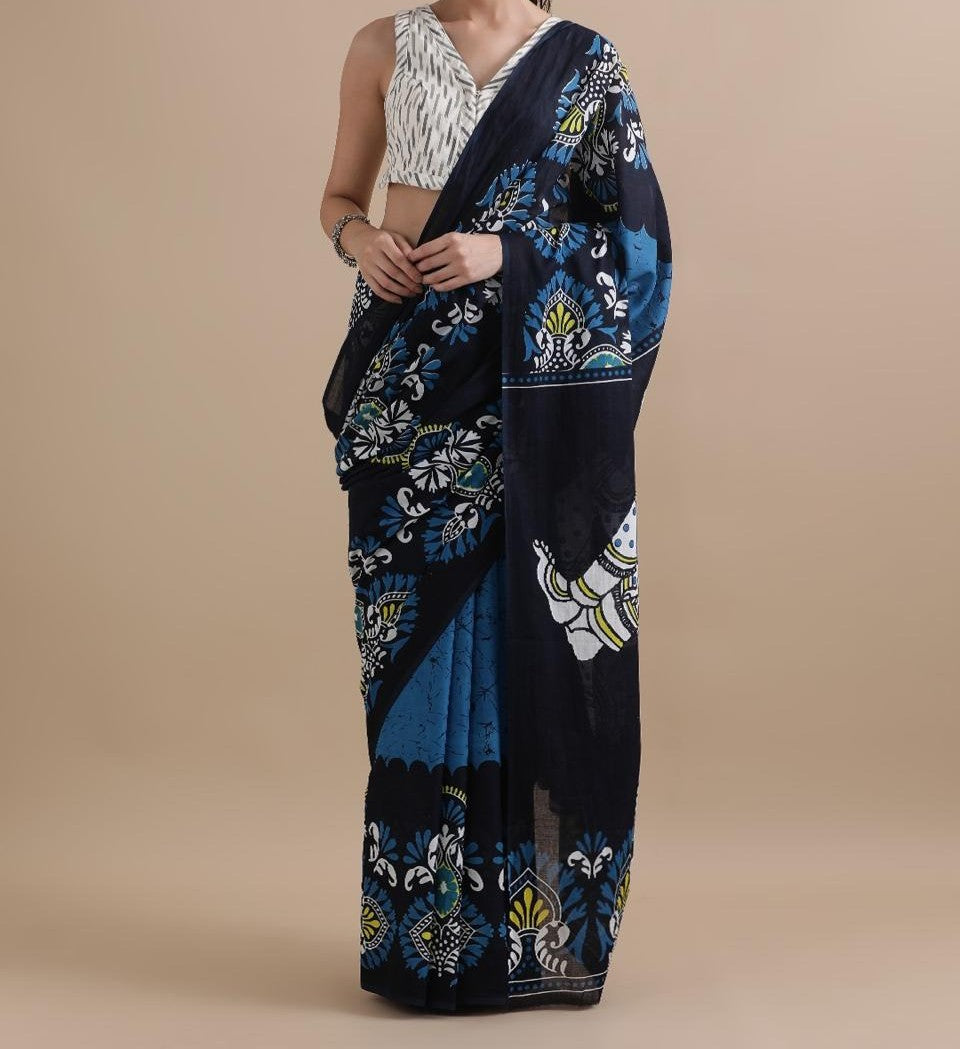 Bagru Block Print Cotton mulmul Sarees With Running Blouse