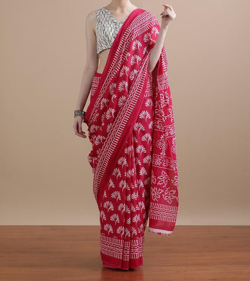 Bagru Block Print Cotton mulmul Sarees With Running Blouse
