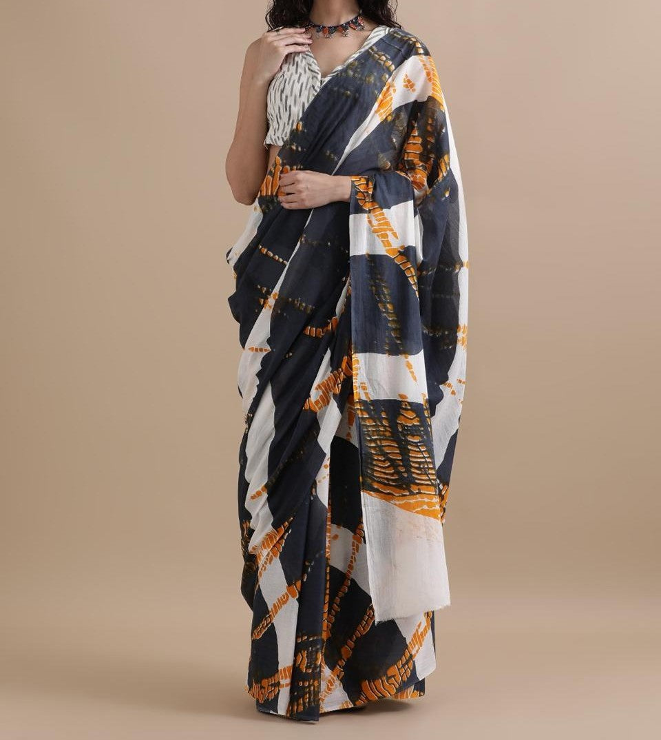 Bagru Block Print Cotton mulmul Sarees With Running Blouse