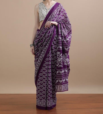 Bagru Block Print Cotton mulmul Sarees With Running Blouse