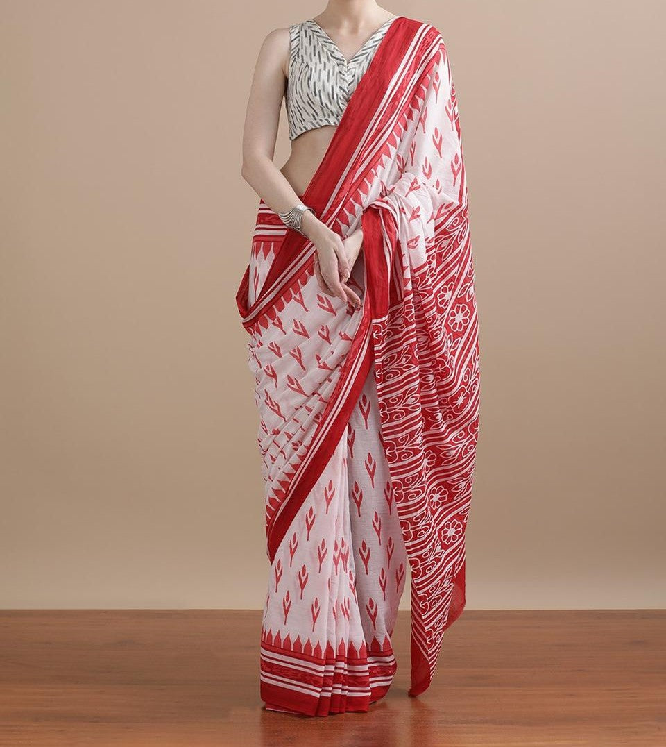 Bagru Block Print Cotton mulmul Sarees With Running Blouse