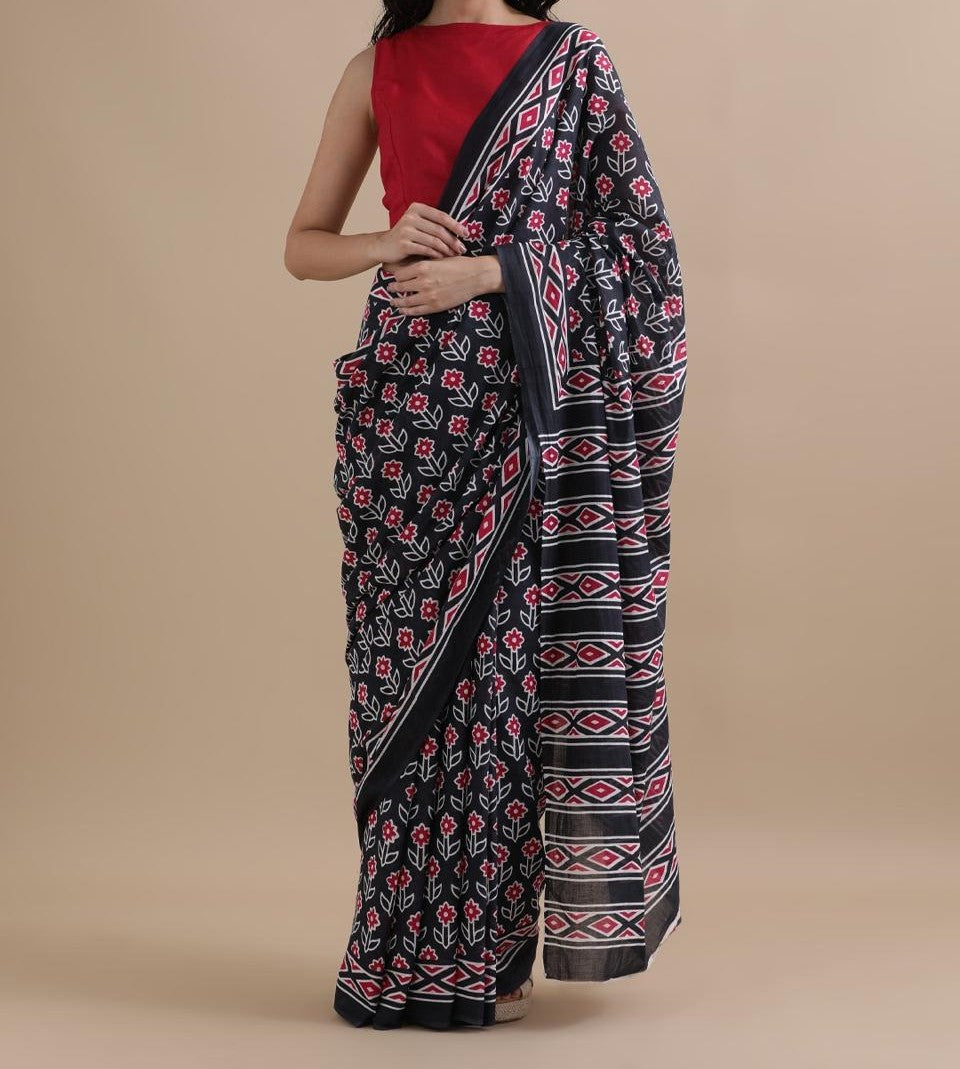 Bagru Block Print Cotton mulmul Sarees With Running Blouse