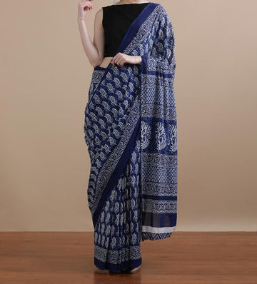 Bagru Block Print Cotton mulmul Sarees With Running Blouse