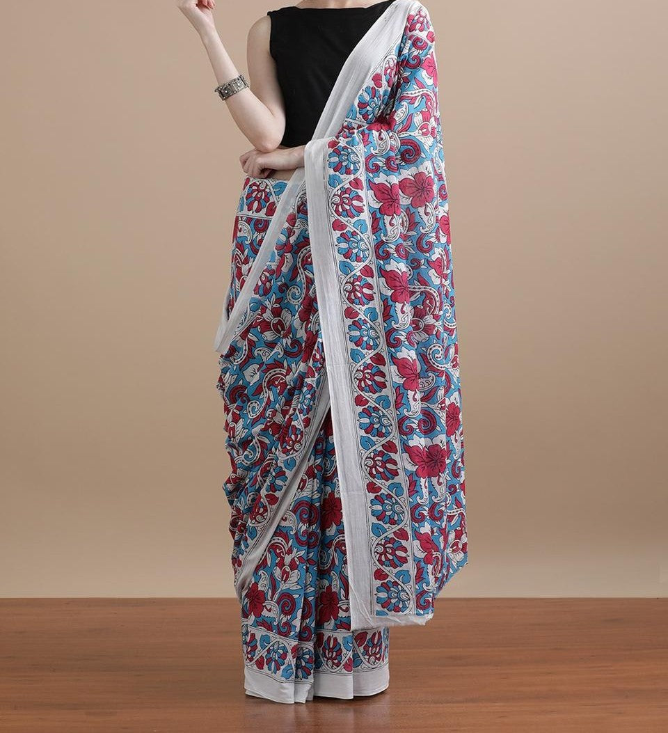 Bagru Block Print Cotton mulmul Sarees With Running Blouse