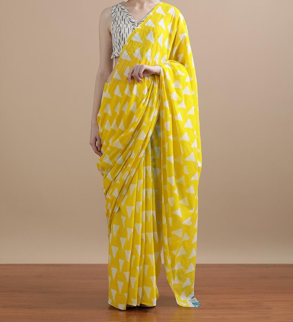 Bagru Block Print Cotton mulmul Sarees With Running Blouse