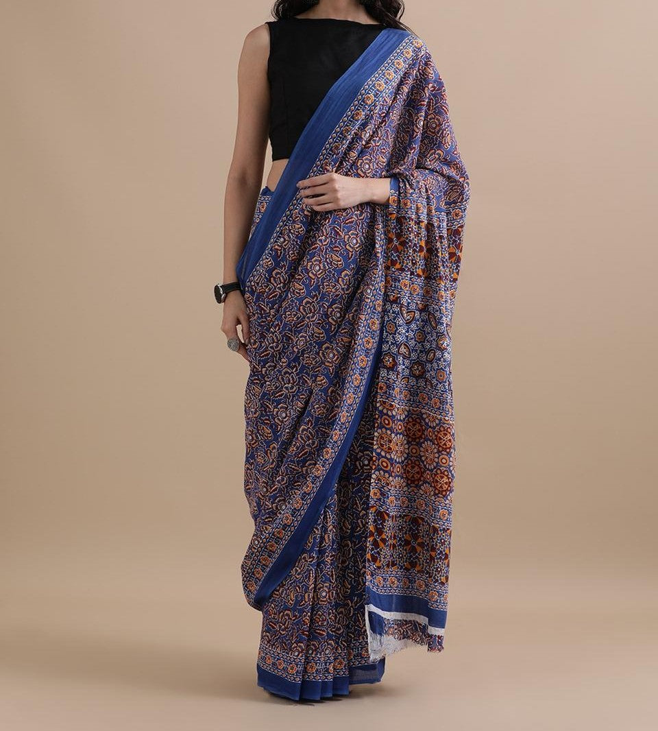 Bagru Block Print Cotton mulmul Sarees With Running Blouse