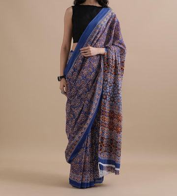 Bagru Block Print Cotton mulmul Sarees With Running Blouse