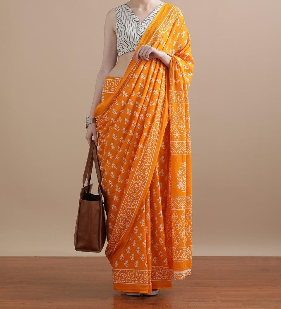 Bagru Block Print Cotton mulmul Sarees With Running Blouse