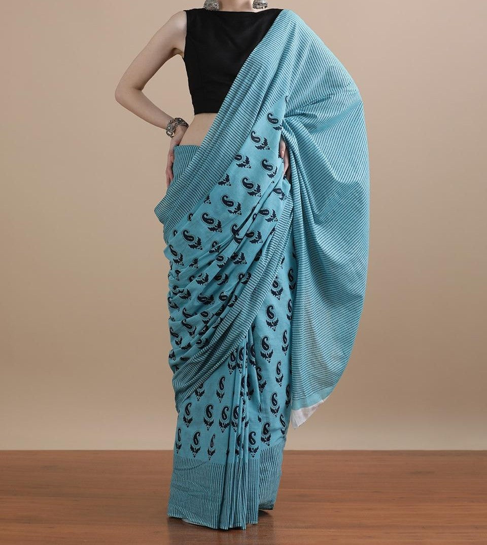 Bagru Block Print Cotton mulmul Sarees With Running Blouse