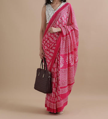 Bagru Block Print Cotton mulmul Sarees With Running Blouse