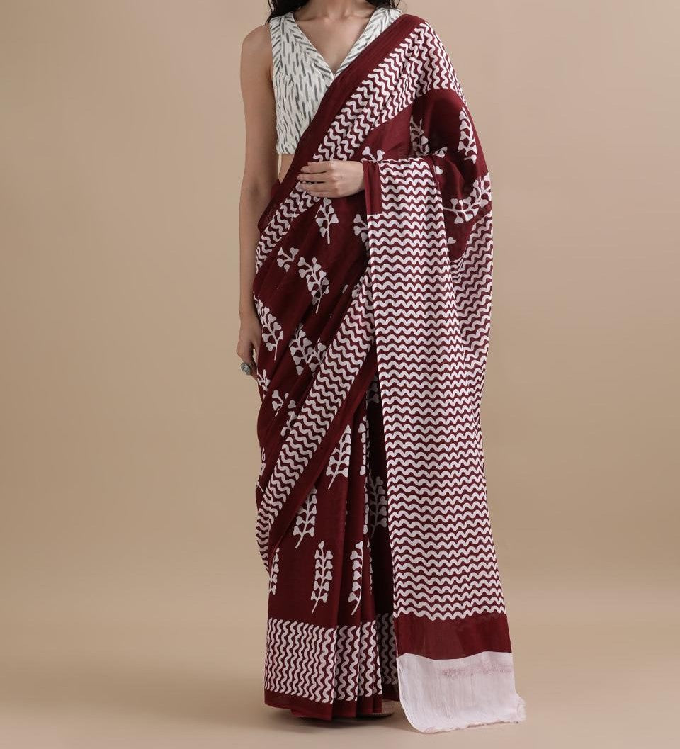 Bagru Block Print Cotton mulmul Sarees With Running Blouse