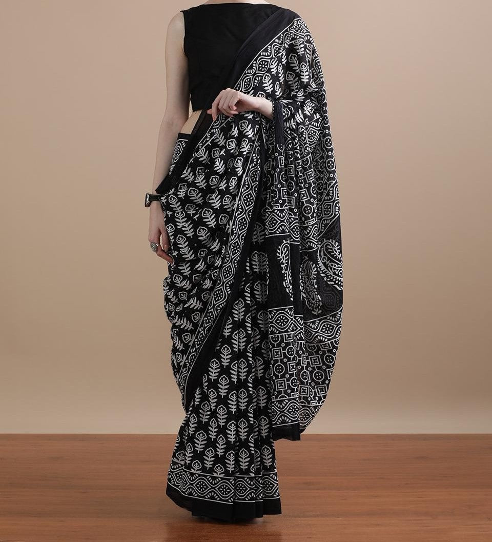 Bagru Block Print Cotton mulmul Sarees With Running Blouse
