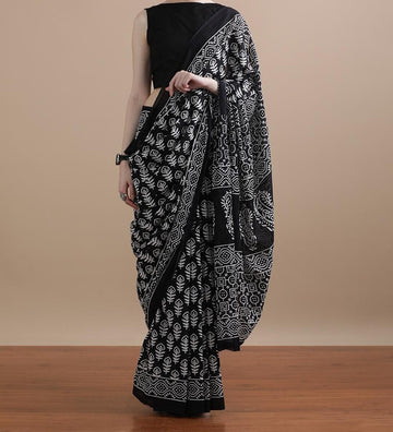 Bagru Block Print Cotton mulmul Sarees With Running Blouse