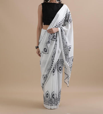 Bagru Block Print Cotton mulmul Sarees With Running Blouse