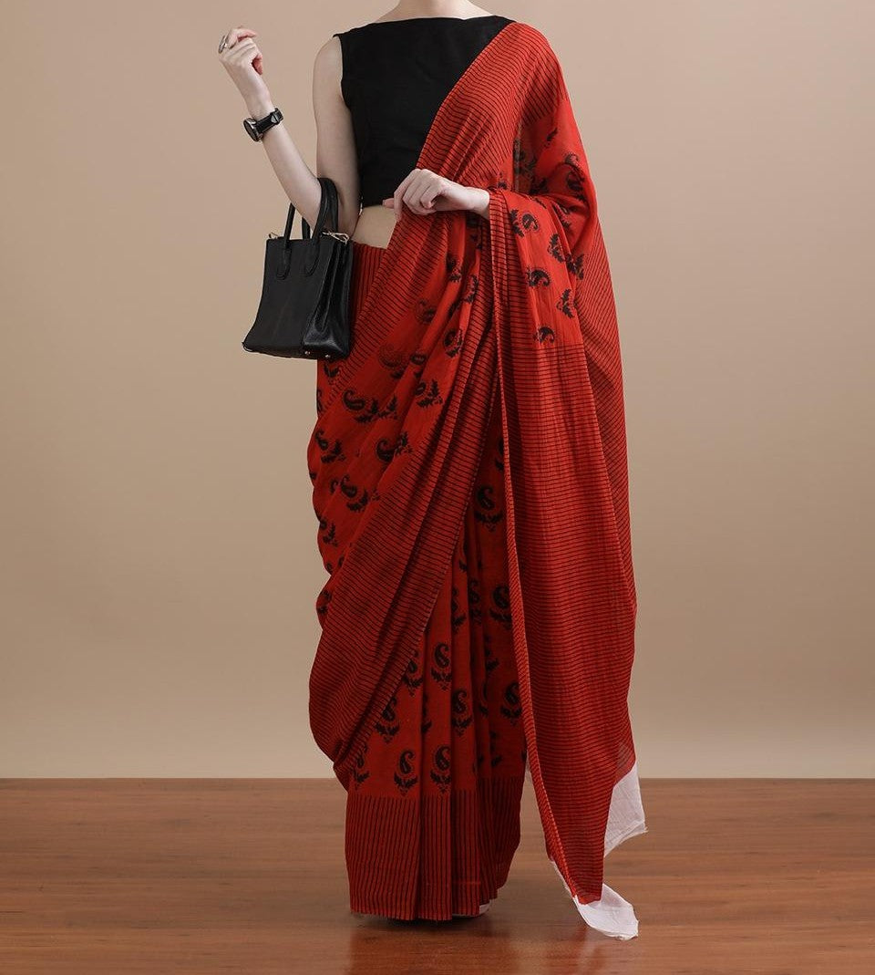 Bagru Block Print Cotton mulmul Sarees With Running Blouse