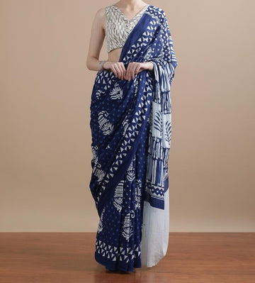 Bagru Block Print Cotton mulmul Sarees With Running Blouse