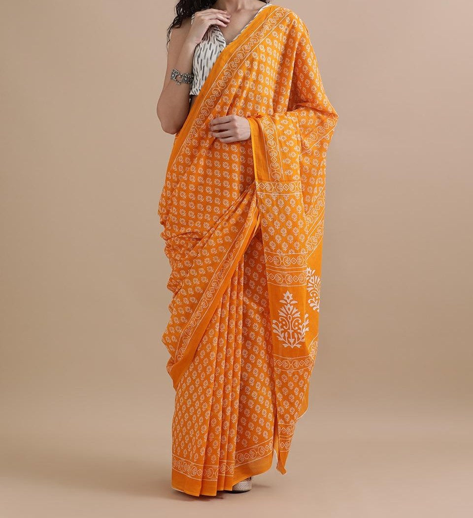 Bagru Block Print Cotton mulmul Sarees With Running Blouse