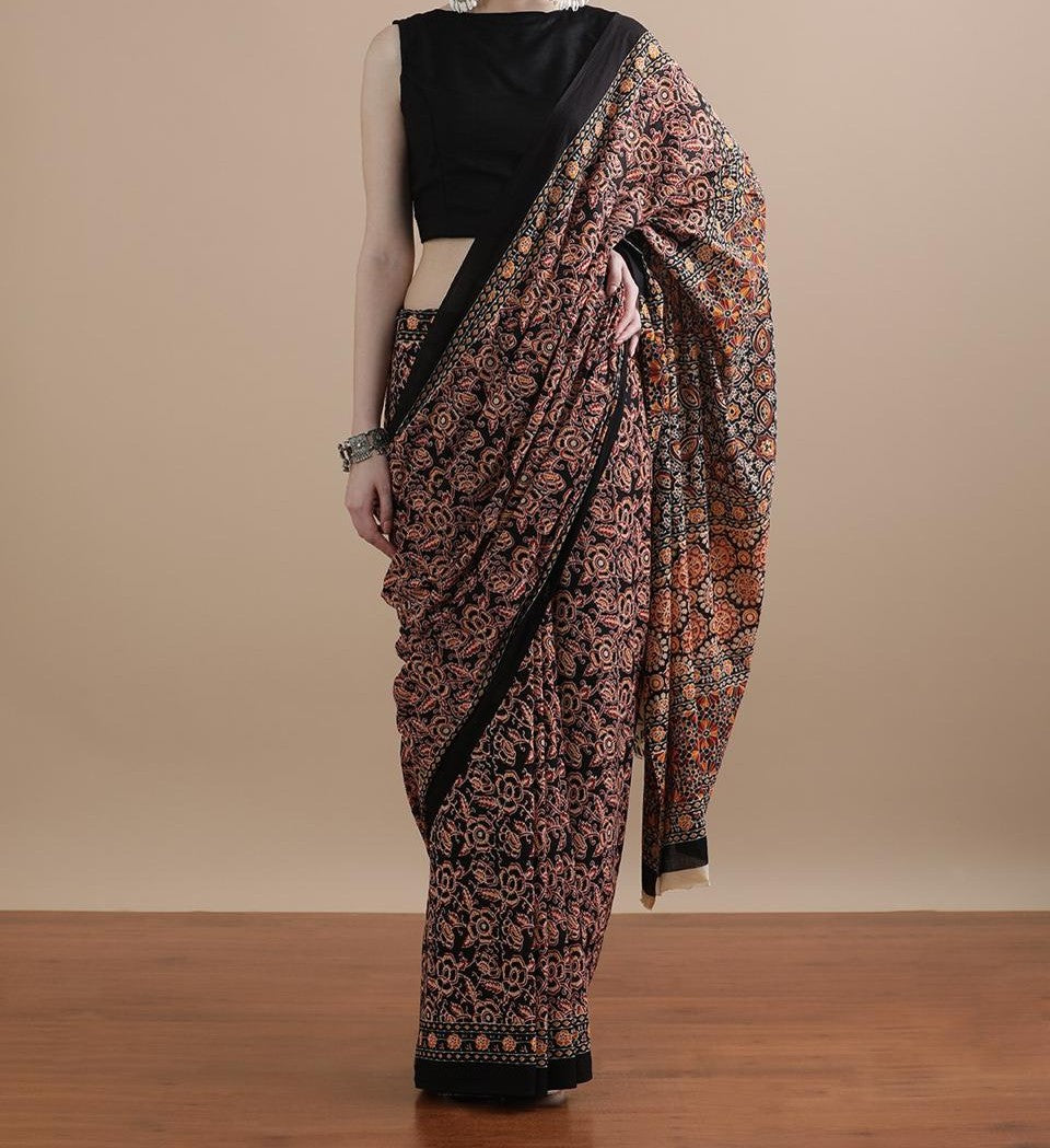 Bagru Block Print Cotton mulmul Sarees With Running Blouse