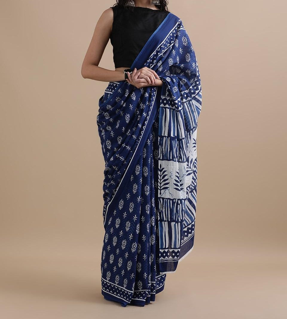 Bagru Block Print Cotton mulmul Sarees With Running Blouse