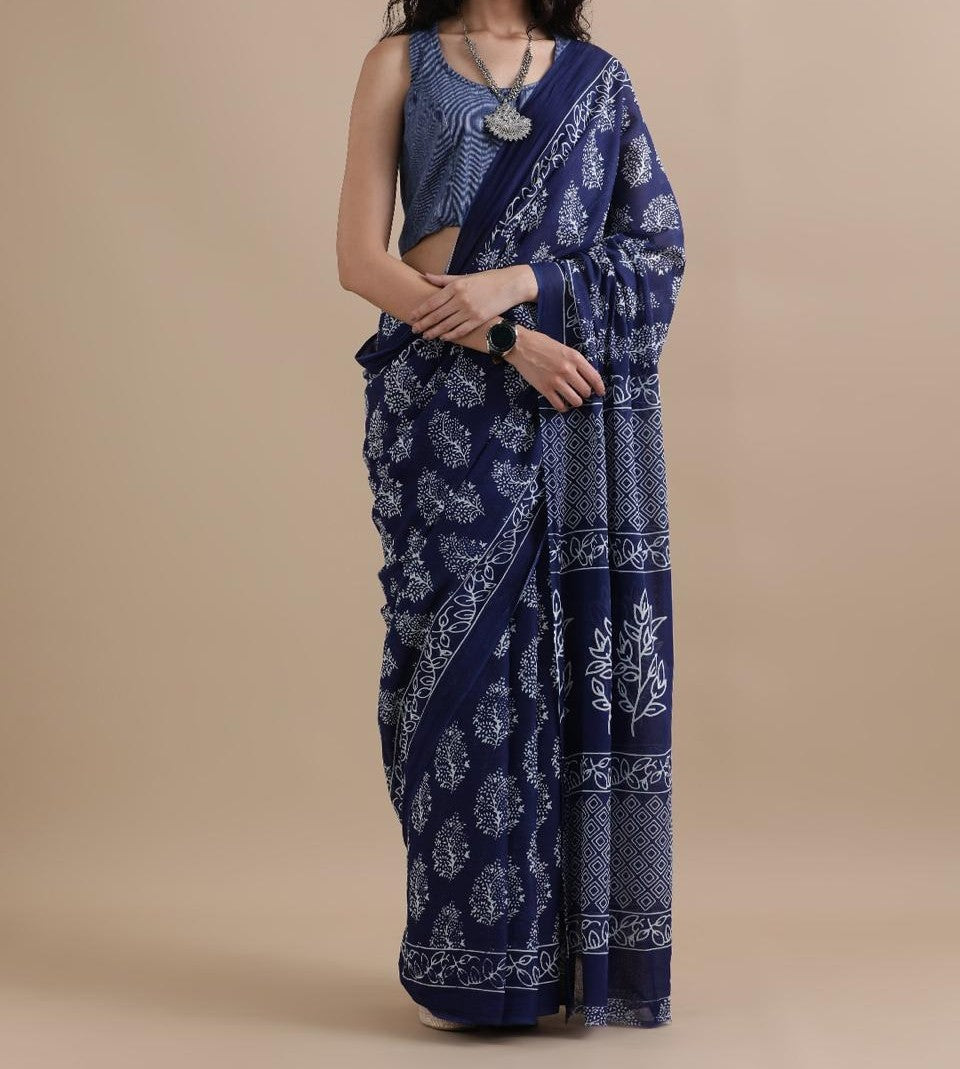Bagru Block Print Cotton mulmul Sarees With Running Blouse