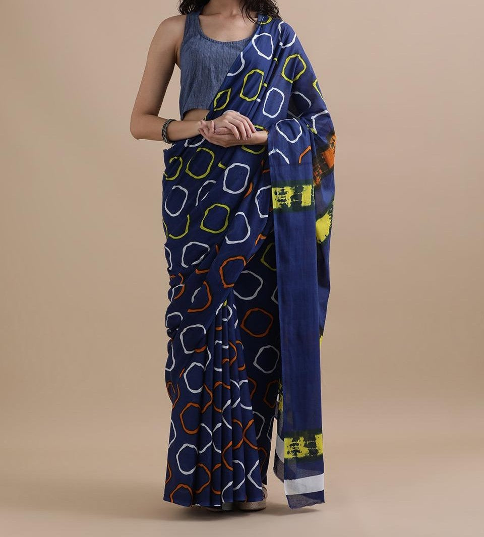 Bagru Block Print Cotton mulmul Sarees With Running Blouse