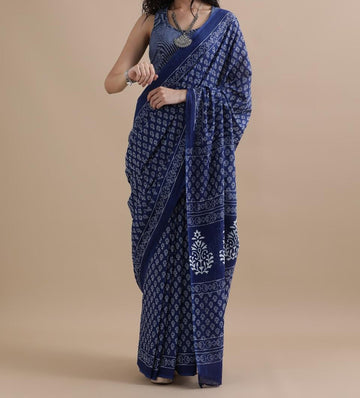 Bagru Block Print Cotton mulmul Sarees With Running Blouse