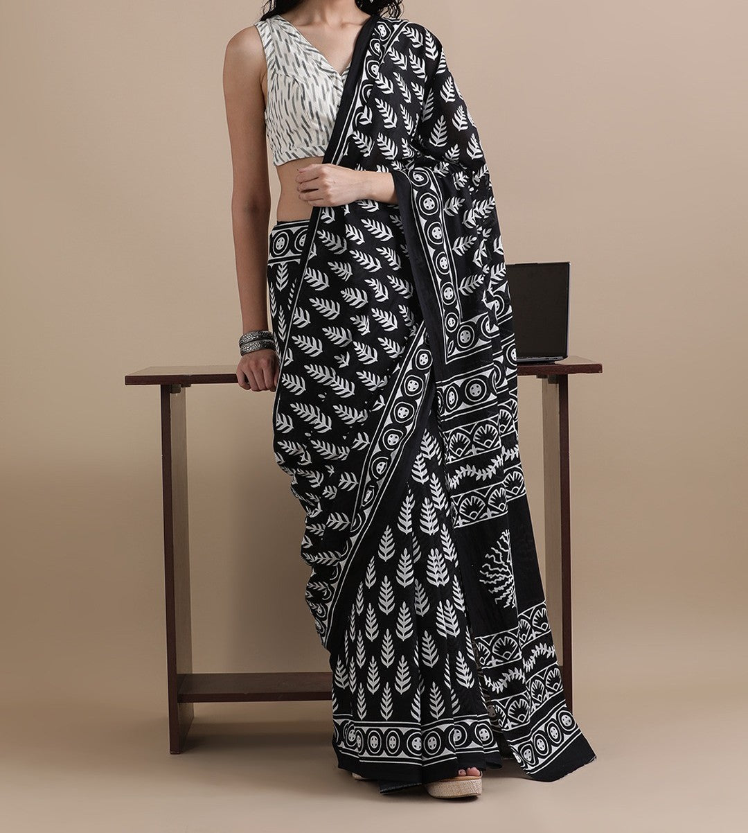 Bagru Block Print Cotton mulmul Sarees With Running Blouse