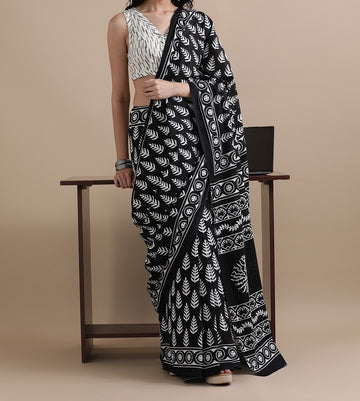 Bagru Block Print Cotton mulmul Sarees With Running Blouse