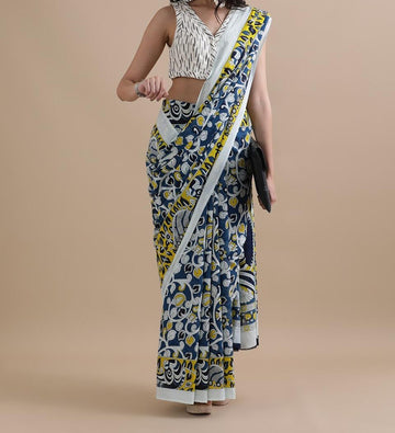 Bagru Block Print Cotton mulmul Sarees With Running Blouse