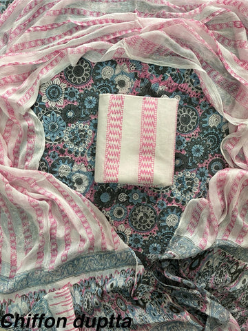 Cotton Hand Block Printed Suit With Kota Doriya Dupatta