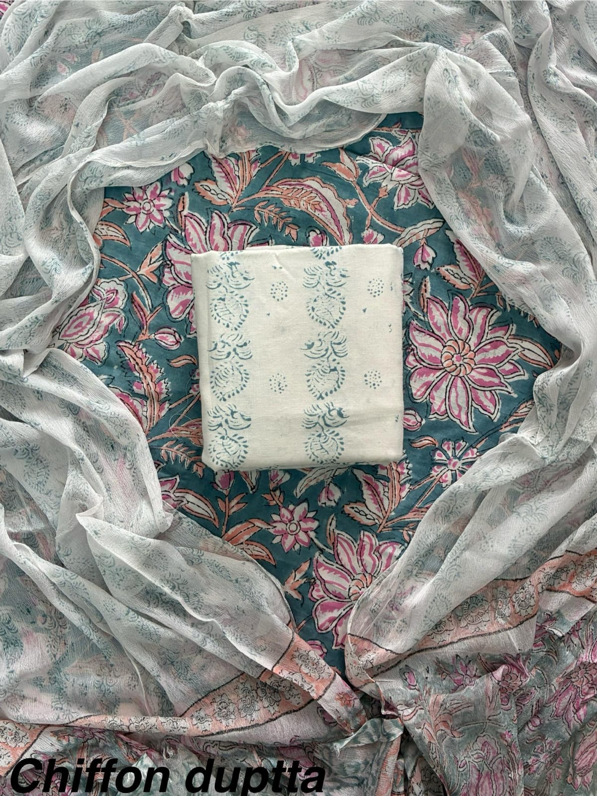 Cotton Hand Block Printed Suit With Kota Doriya Dupatta