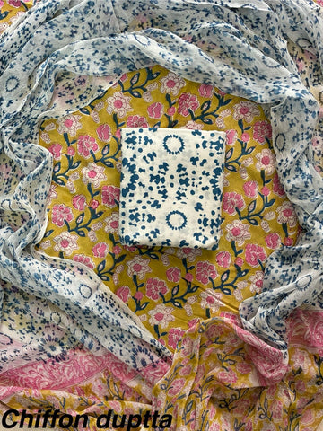 Cotton Hand Block Printed Suit With Kota Doriya Dupatta